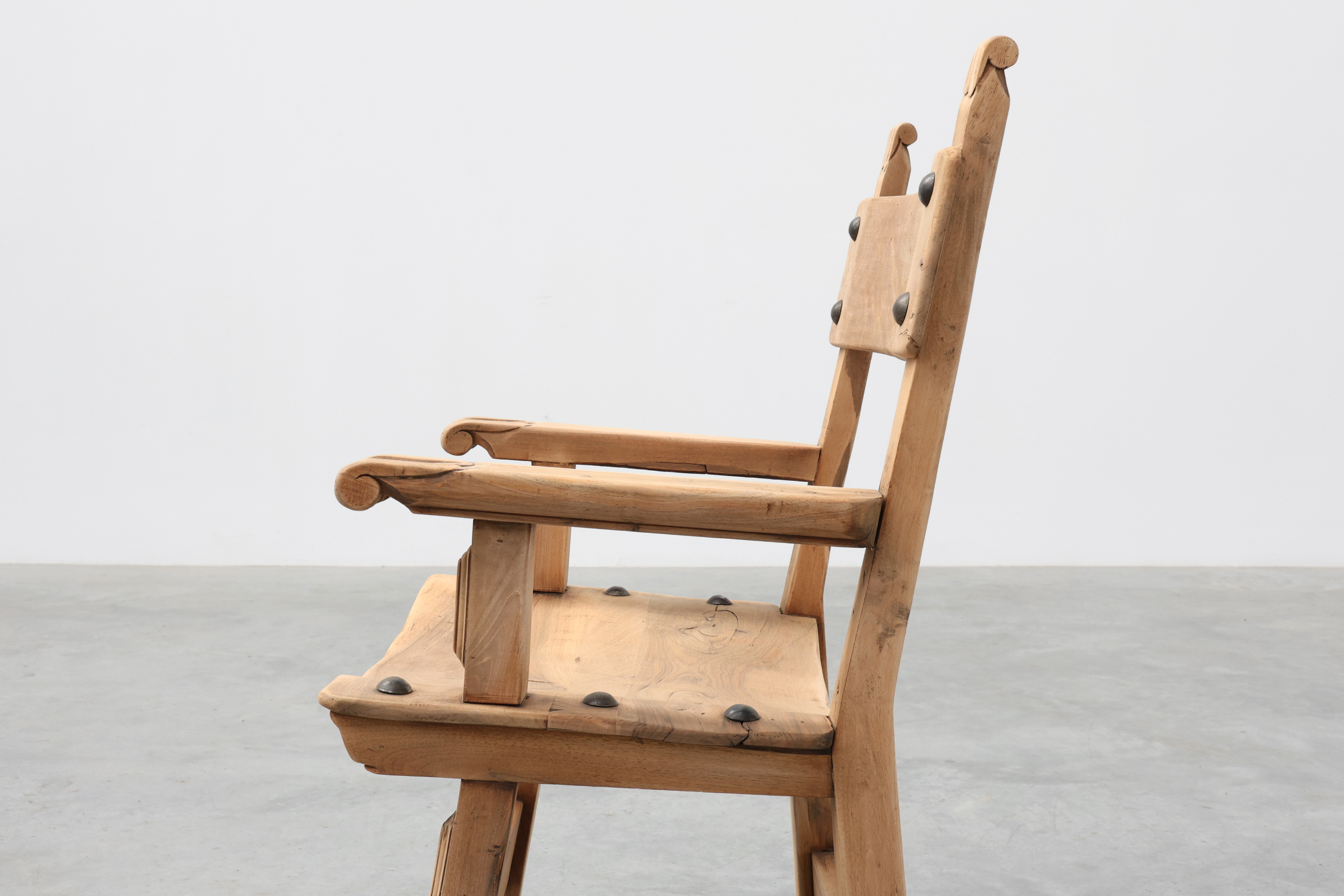 Pair of Brutalist Armchairs with Carved Rosettes and Nailed Wooden Seats, Spain, 20th Centurythumbnail